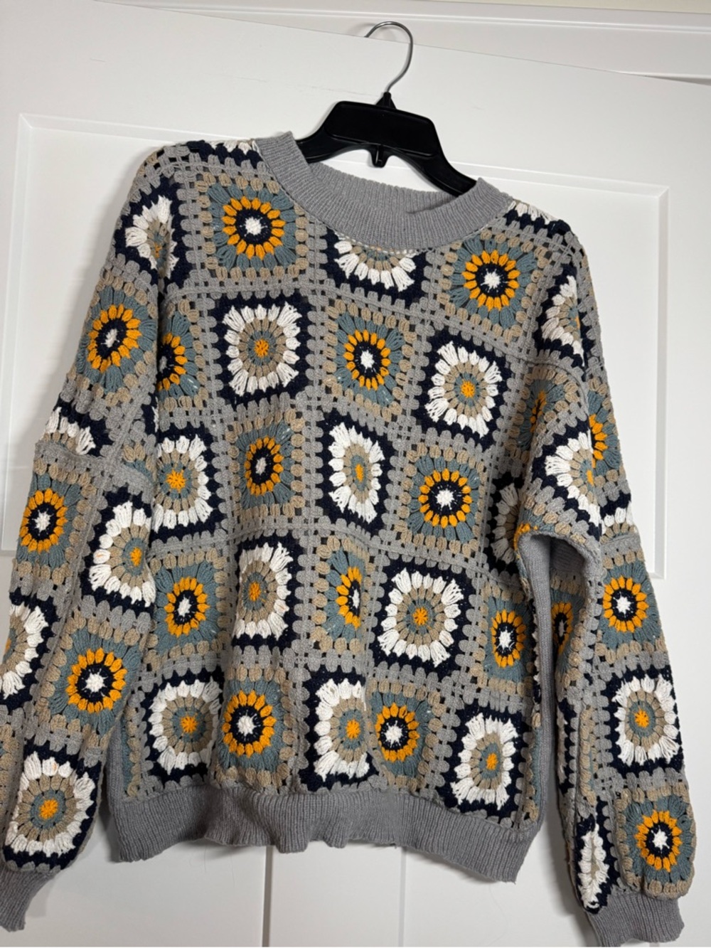 Vintage Crochet Granny Square Sweater in Gray, Yellow, Navy, White, XLg